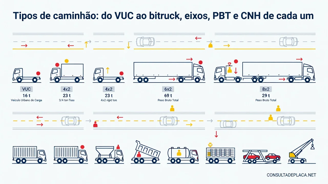 Tipos de caminhão: do VUC ao bitruck, eixos, PBT e CNH de cada um
