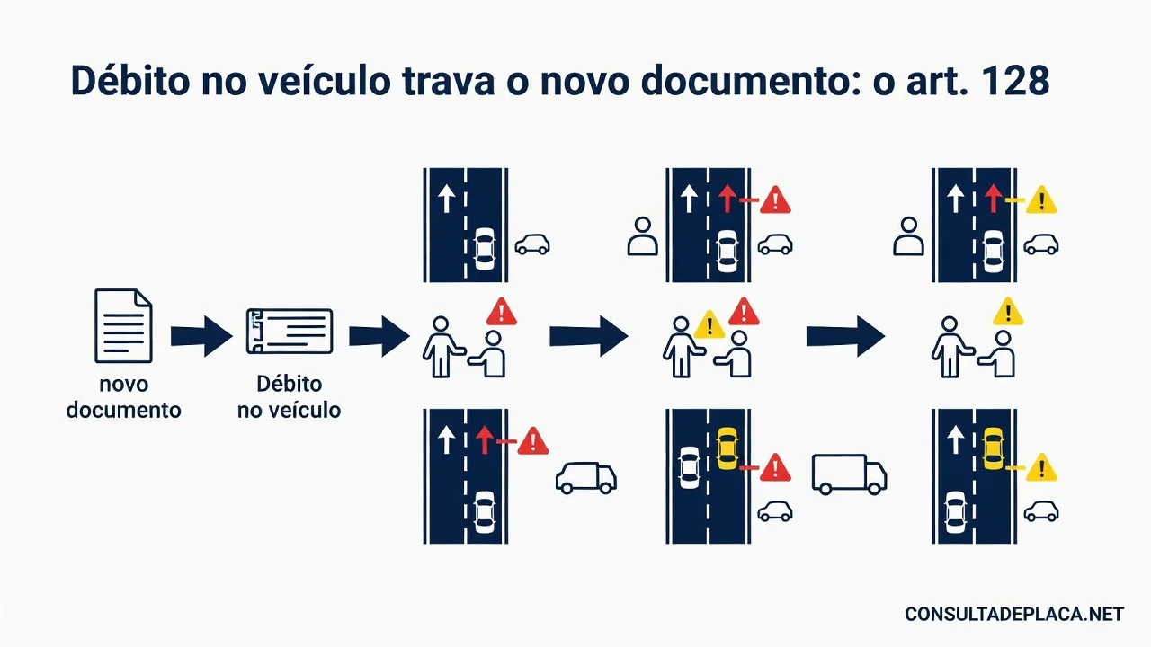 Débito no veículo trava o novo documento: o art. 128 do CTB